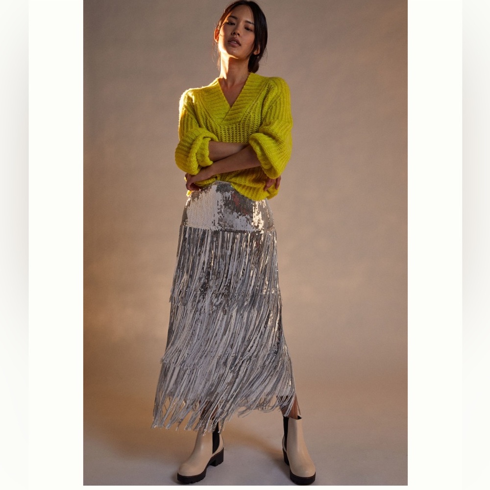 ANTHROPOLOGIE Maeve Tatiana Sequined Fringe Midi Skirt